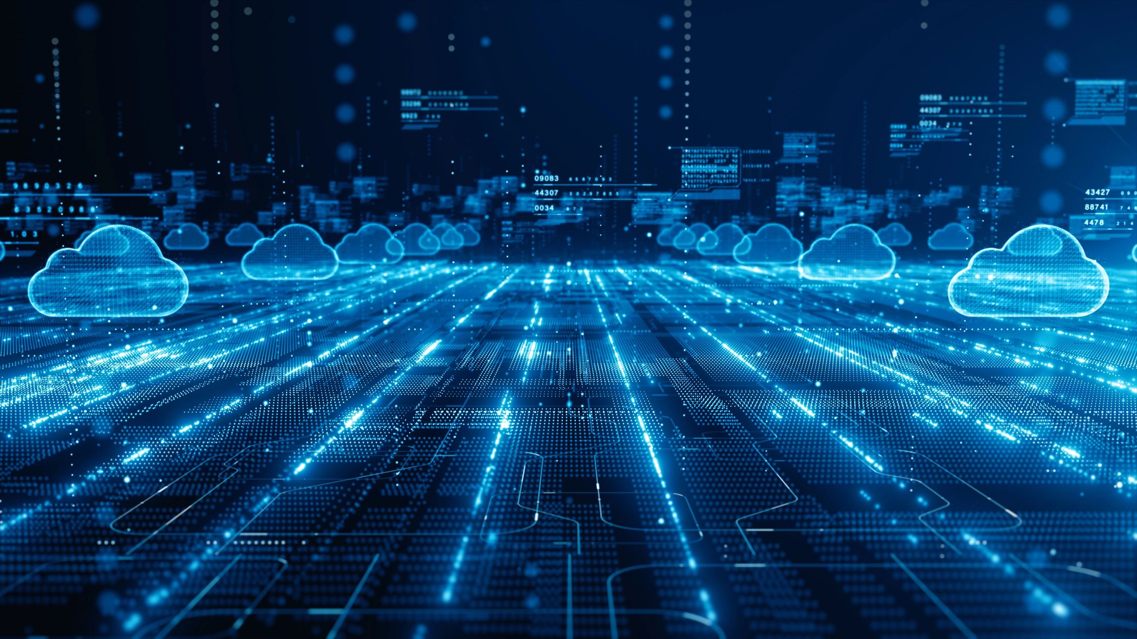 Futuristic cloud computing network with glowing digital pathways.